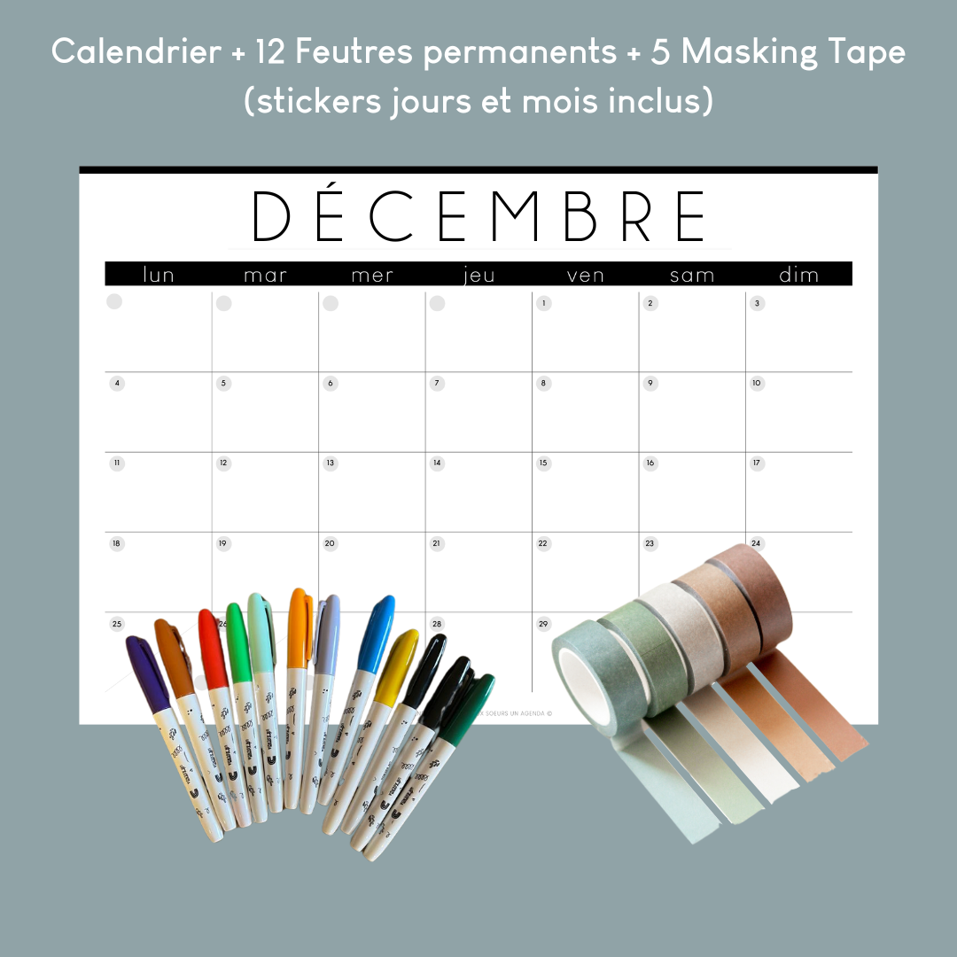 Calendrier Mural Géant Papier Calendrier + 5 Masking Tape + 12 Feutres permanents